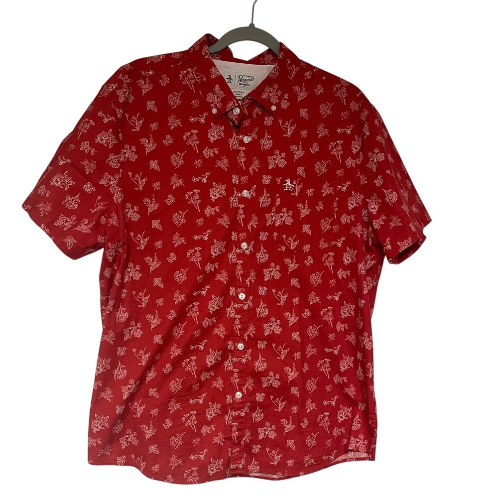 Original Penguin Cotton Red Floral Short Sleeve Button Down Shirt Mens XL